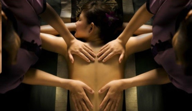 Pretty lady receiving 4-hand massage, A-Spa Indianapolis IN  Call 463-701-0497